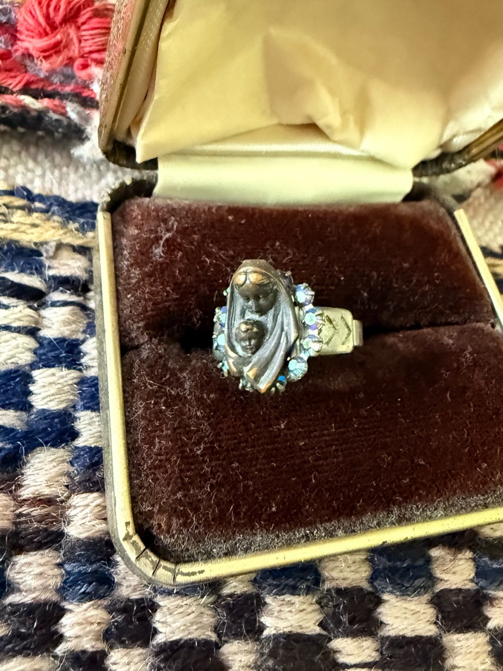 Vintage Madonna and Child Ring with Aurora Borealis Crystals - Silver Tone
